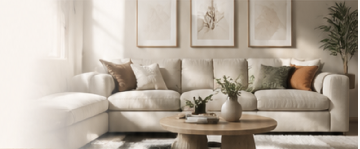 neutral painted room with sofa and hung pictures setting a relaxing atmosphere