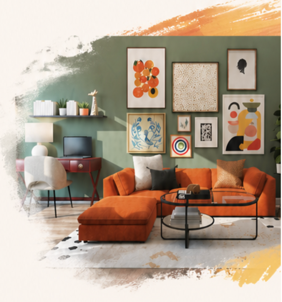 photo of styled room with green painted walls and orange sofa